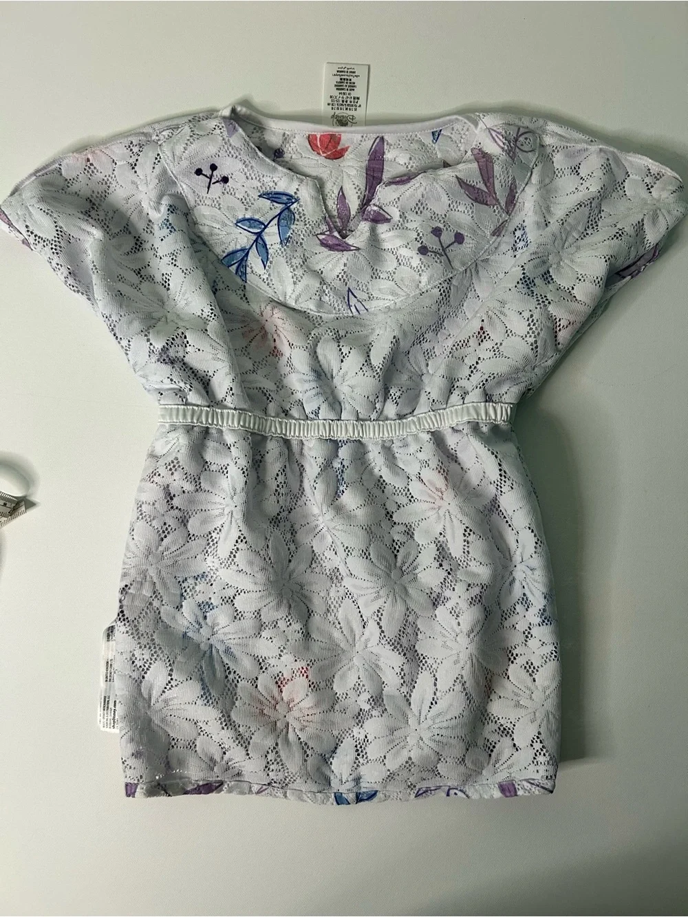 Disney White Eyelet Top with Purple, Blue & Coral Floral Accents Kaftan sleeves